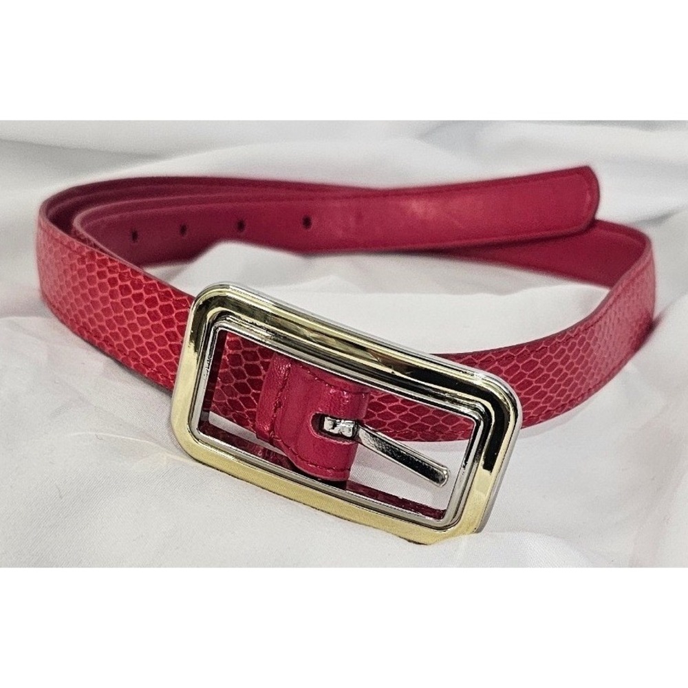 Red Faux Snakeskin Skinny Belt Gold Tone Rectangular Buckle Textured 34.5 Inch